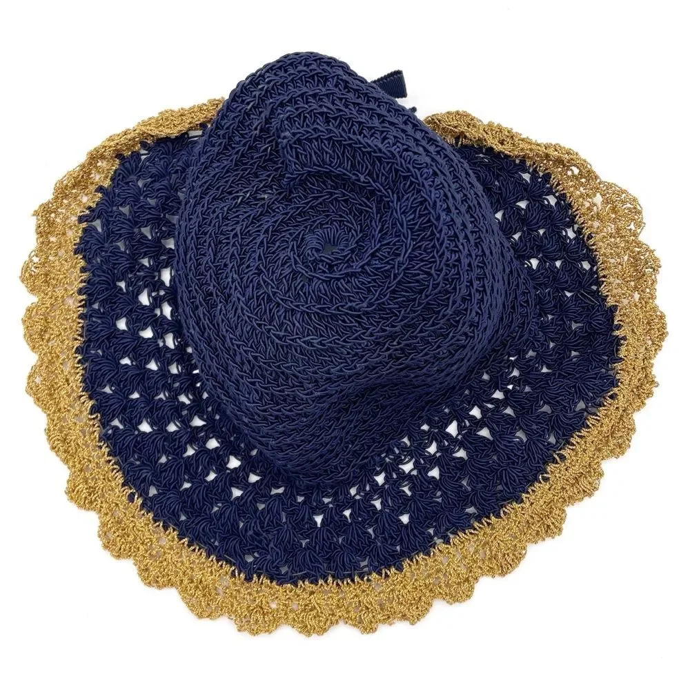 Vintage 1930s Navy Crochet Cloche Hat Gold Lace Trim Ribbon Bow Women’s One Size - Picture 10 of 14